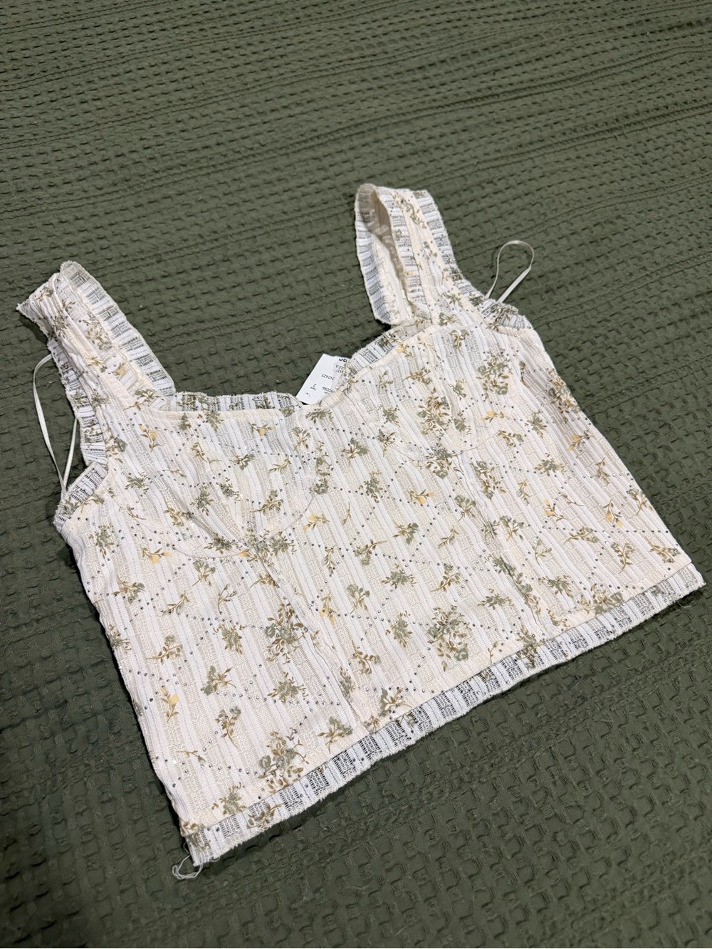 Women’s Floral Square-Neck Crop Tank Top - Cream/Green